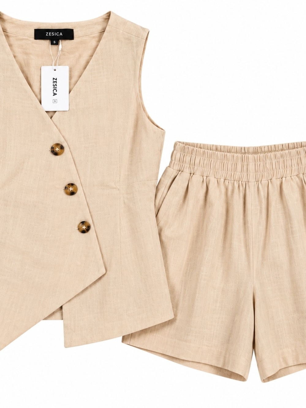 ZESICA Linen 2 Piece Vest Shorts Set Beige Apricot M NWT